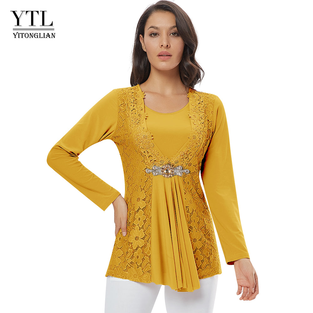 Ytl Ladies Golden Diamond Waist Decoration Slim Tunic Tops Casual Party Long Sleeve Women Elegant Lace Floral Blouse Shirt H025G