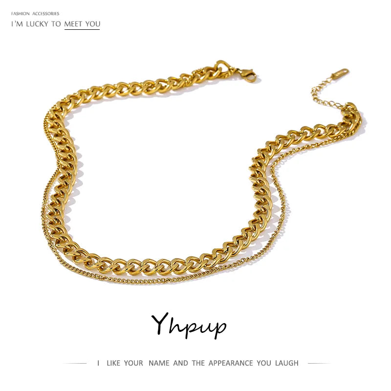 Yhpup 316 Stainless Steel Double Layer Necklace Choker Collar Statement Fashion Charm Golden Trendy Jewelry For Women Gift