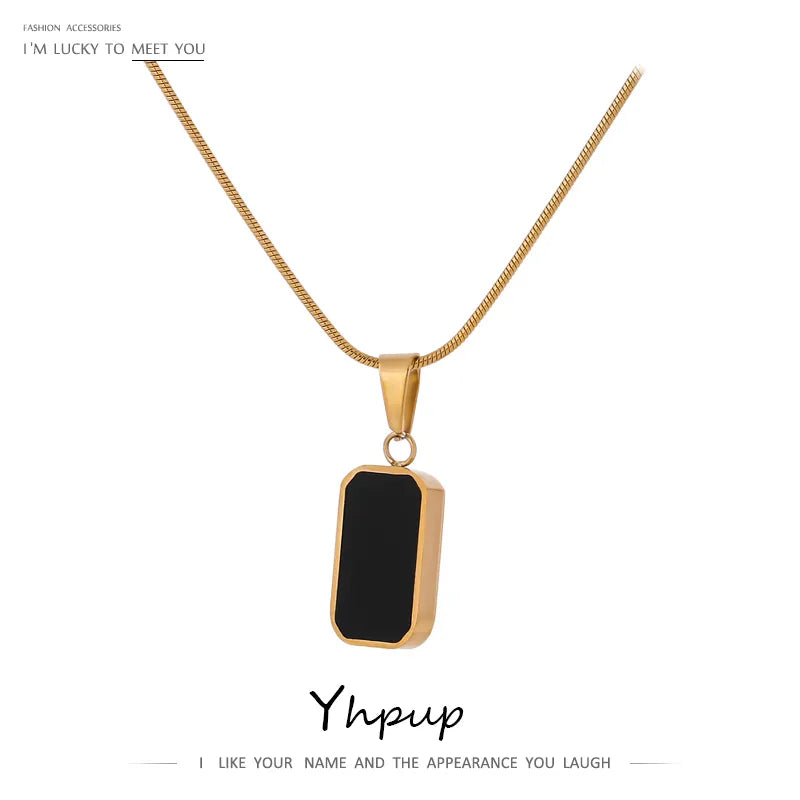 Yhpup Double-Sided Black White Enamel Natural Shell Pendant Necklace For Women Stainless Steel Metal Choker Temperament Gift