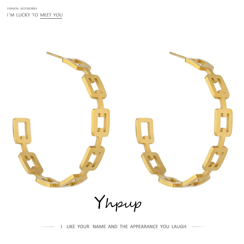 Yhpup Minimalist Chain Stainless Steel Stud Earrings Women Statement Golden Metal Geometric Texture Jewelry Gift Kolczyki New