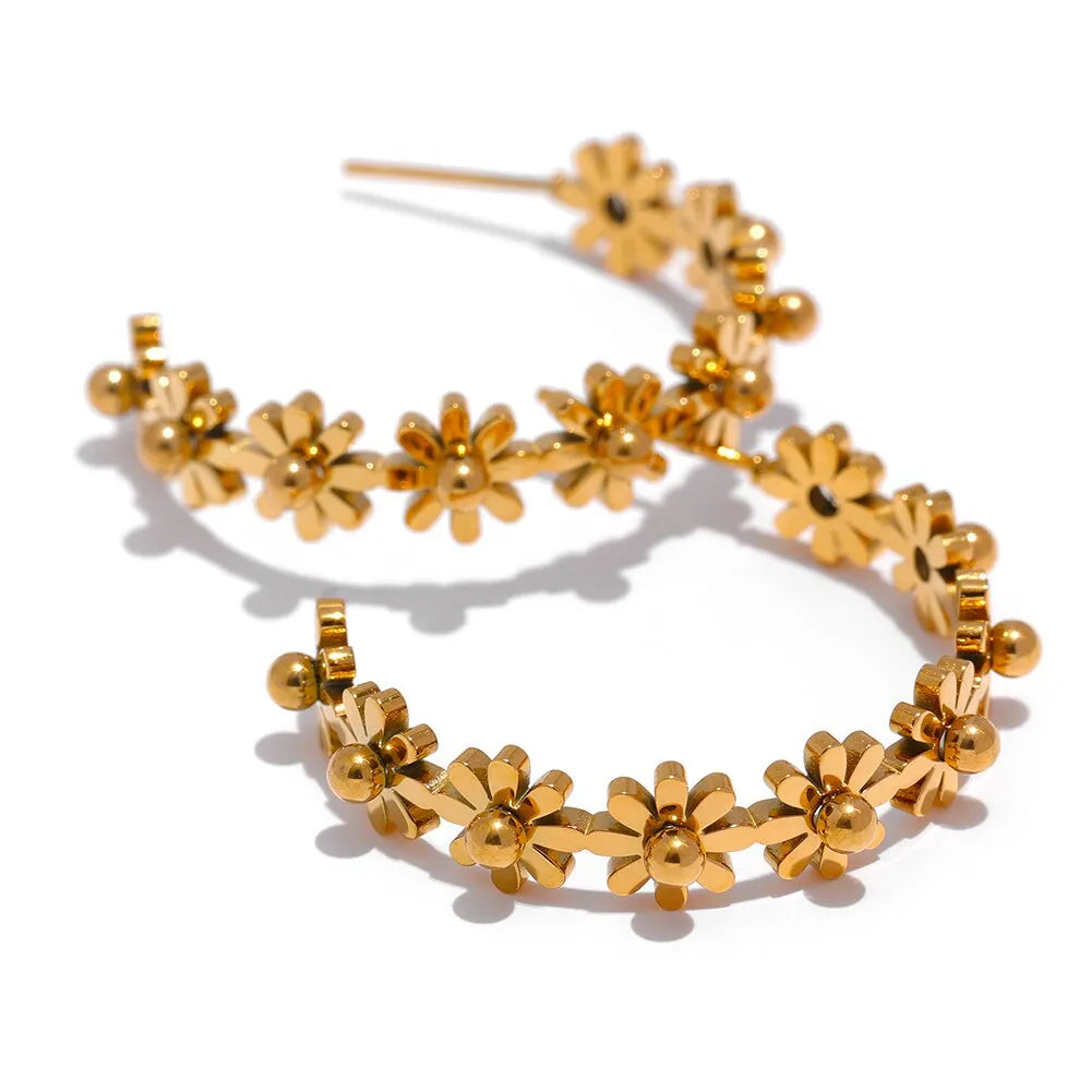 Yhpup Stainless Steel Round Flower Hoop Earrings Fashion Golden Metal Trendy Brand Texture Jewelry Party Gift Waterproof Women