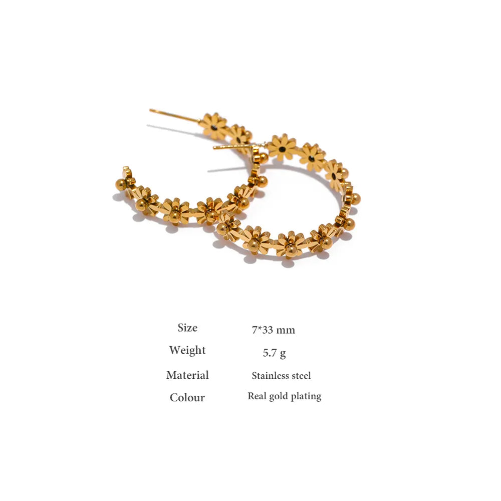 Yhpup Stainless Steel Round Flower Hoop Earrings Fashion Golden Metal Trendy Brand Texture Jewelry Party Gift Waterproof Women