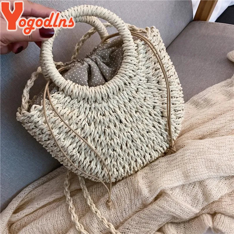 Yogodlns Handmade Half-Round Rattan Woven Straw Bag Summer Women Messenger Crossbody Bags Girls Small Beach Handbag New