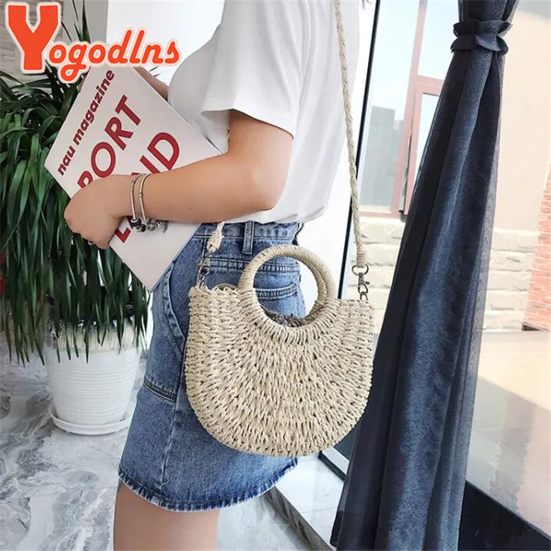 Yogodlns Handmade Half-Round Rattan Woven Straw Bag Summer Women Messenger Crossbody Bags Girls Small Beach Handbag New