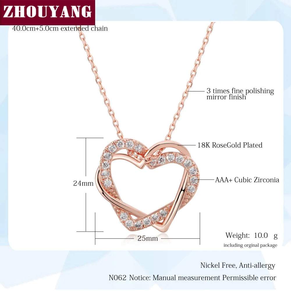 Zhouyang Top Quality Heart To Heart Rose Gold Color Pendant Necklace Jewelry Made With Austria Crystal N062 N063