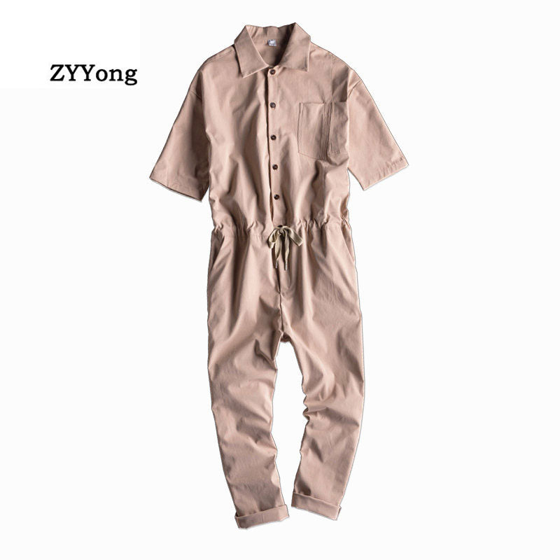 Zyyong Summer Lapel Short Sleeve Men'S Jumpsuit Loose Hip-Hop Style Streetwear Men'S Overalls Casual Comfortable Men'S Pants