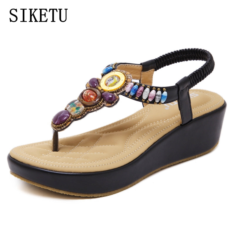 Zzpohe 2017 Summer Women Shoes New Fashion Slope Woman Sandals Beads Plus Size Femme Soft Open Toe Wedges Women Sandals 35-42