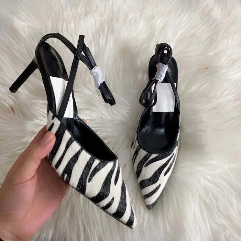 Zebra Pattern Back Strap Pointed Toe Sandals Women Thin High Heels Rhinestones Pumps Party Shoes Slingback Sandalias Big Size 42