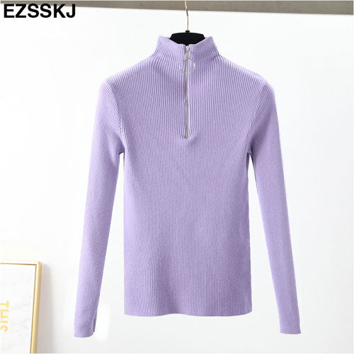 Casual Zipper Sweater Women Turtleneck Solid Spring Autumn Female Knitted Sweater Pullovers Long Sleeve Chic Soft Jumper Top