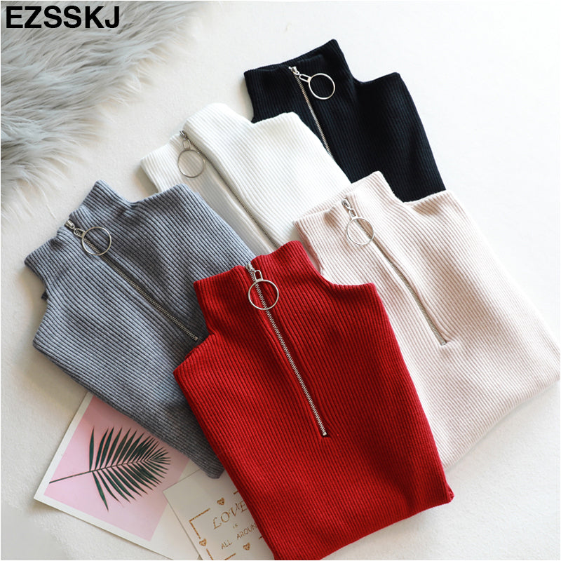 Casual Zipper Sweater Women Turtleneck Solid Spring Autumn Female Knitted Sweater Pullovers Long Sleeve Chic Soft Jumper Top