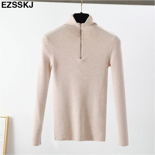Casual Zipper Sweater Women Turtleneck Solid Spring Autumn Female Knitted Sweater Pullovers Long Sleeve Chic Soft Jumper Top