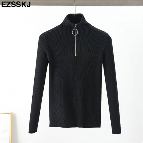 Casual Zipper Sweater Women Turtleneck Solid Spring Autumn Female Knitted Sweater Pullovers Long Sleeve Chic Soft Jumper Top