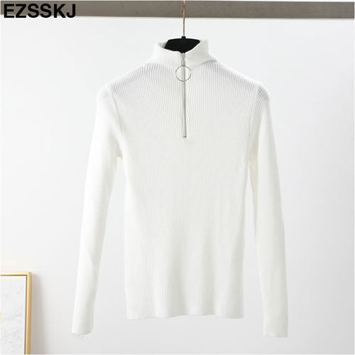 Casual Zipper Sweater Women Turtleneck Solid Spring Autumn Female Knitted Sweater Pullovers Long Sleeve Chic Soft Jumper Top