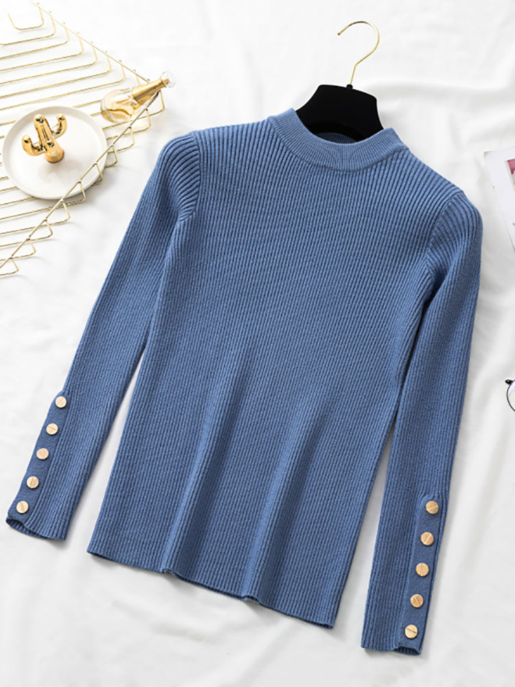 Casual Autumn Winter Women Thick Sweater Pullovers Long Sleeve Button O-Neck Chic Sweater Female Slim Knit Top Soft Jumper Tops