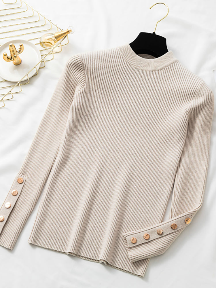 Casual Autumn Winter Women Thick Sweater Pullovers Long Sleeve Button O-Neck Chic Sweater Female Slim Knit Top Soft Jumper Tops