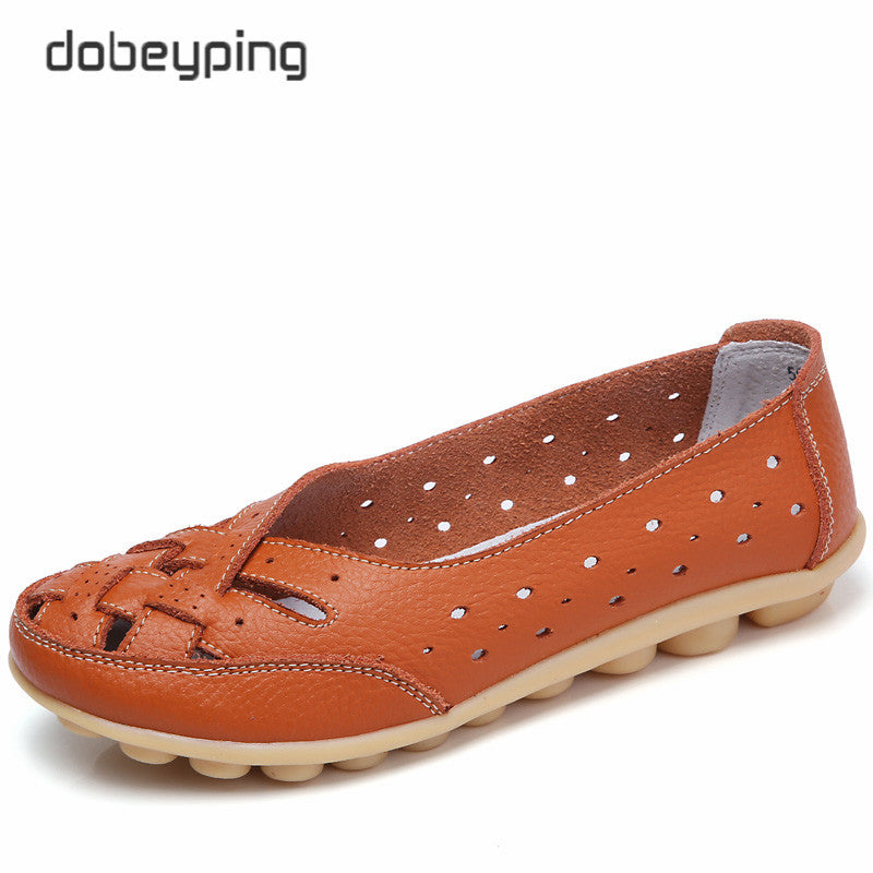 Dobeyping Cut Outs Summer Women'S Casual Shoes Genuine Leather Woman Flats Slip On Female Loafers Lady Boat Shoe Big Size 35-44