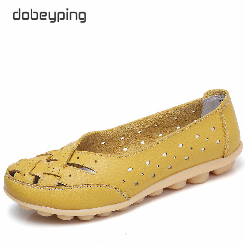 Dobeyping Cut Outs Summer Women'S Casual Shoes Genuine Leather Woman Flats Slip On Female Loafers Lady Boat Shoe Big Size 35-44