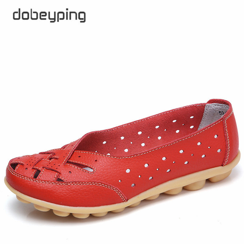 Dobeyping Cut Outs Summer Women'S Casual Shoes Genuine Leather Woman Flats Slip On Female Loafers Lady Boat Shoe Big Size 35-44