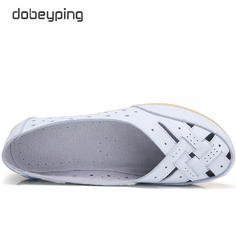 Dobeyping Cut Outs Summer Women'S Casual Shoes Genuine Leather Woman Flats Slip On Female Loafers Lady Boat Shoe Big Size 35-44