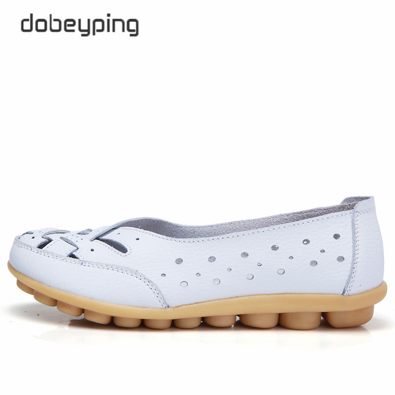 Dobeyping Cut Outs Summer Women'S Casual Shoes Genuine Leather Woman Flats Slip On Female Loafers Lady Boat Shoe Big Size 35-44