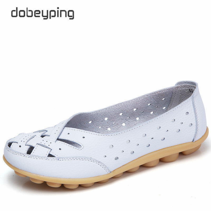 Dobeyping Cut Outs Summer Women'S Casual Shoes Genuine Leather Woman Flats Slip On Female Loafers Lady Boat Shoe Big Size 35-44