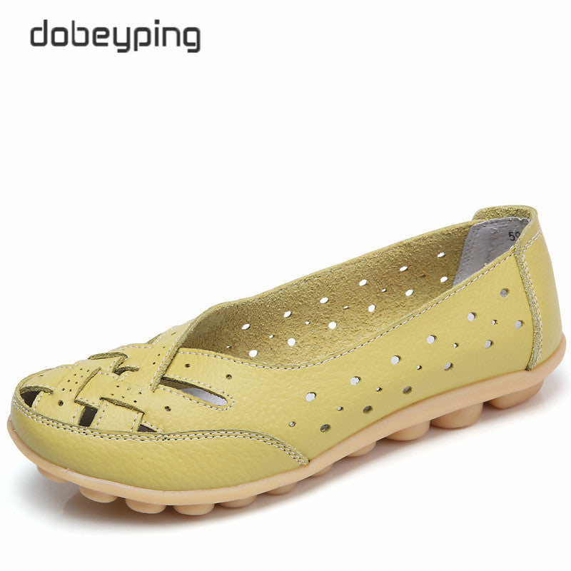 Dobeyping Cut Outs Summer Women'S Casual Shoes Genuine Leather Woman Flats Slip On Female Loafers Lady Boat Shoe Big Size 35-44