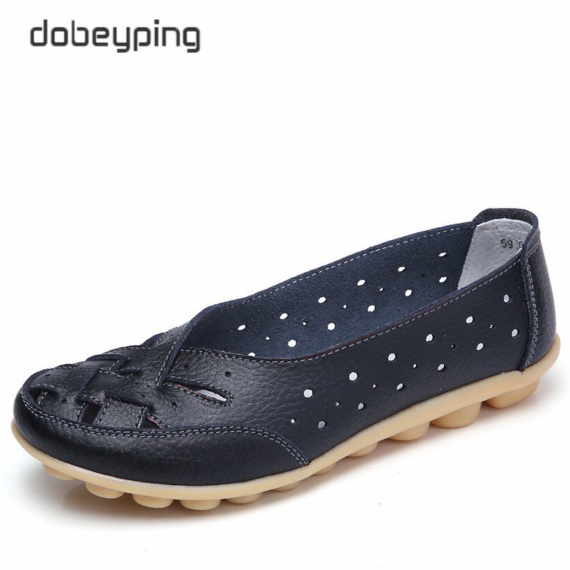 Dobeyping Cut Outs Summer Women'S Casual Shoes Genuine Leather Woman Flats Slip On Female Loafers Lady Boat Shoe Big Size 35-44