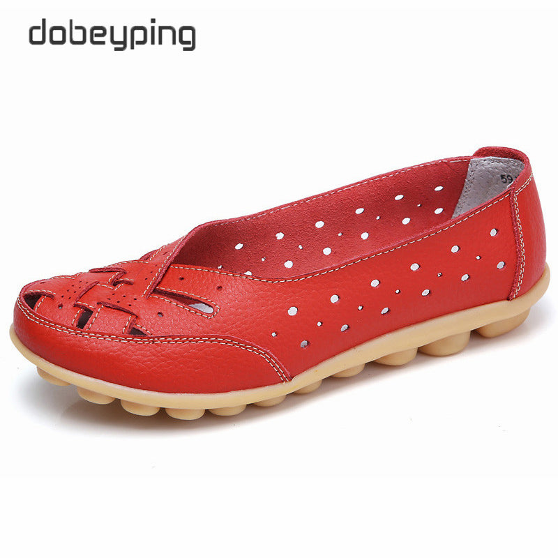 Dobeyping Cut Outs Summer Women'S Casual Shoes Genuine Leather Woman Flats Slip On Female Loafers Lady Boat Shoe Big Size 35-44