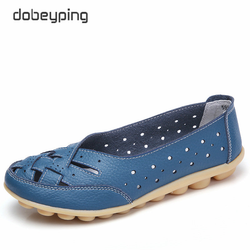 Dobeyping Cut Outs Summer Women'S Casual Shoes Genuine Leather Woman Flats Slip On Female Loafers Lady Boat Shoe Big Size 35-44