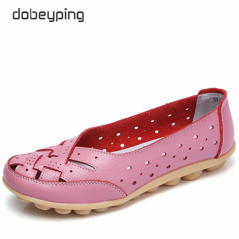 Dobeyping Cut Outs Summer Women'S Casual Shoes Genuine Leather Woman Flats Slip On Female Loafers Lady Boat Shoe Big Size 35-44