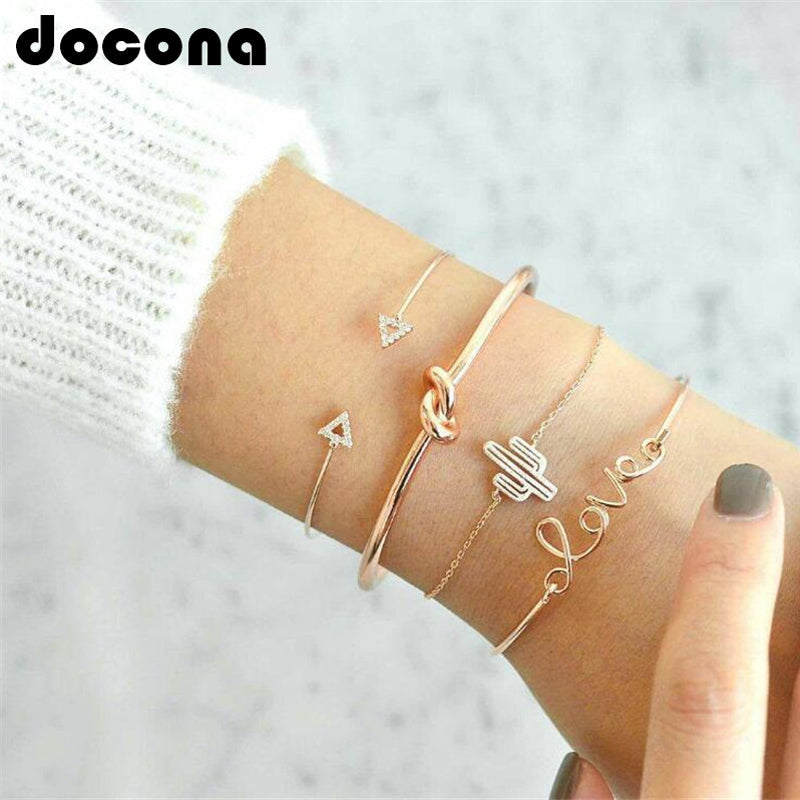 Docona 4Pcs/1Set Gold Color Cactus Letter Knot Bracelet Bohemian Geometric Metal Chain Bracelet Statement Jewelry 6116