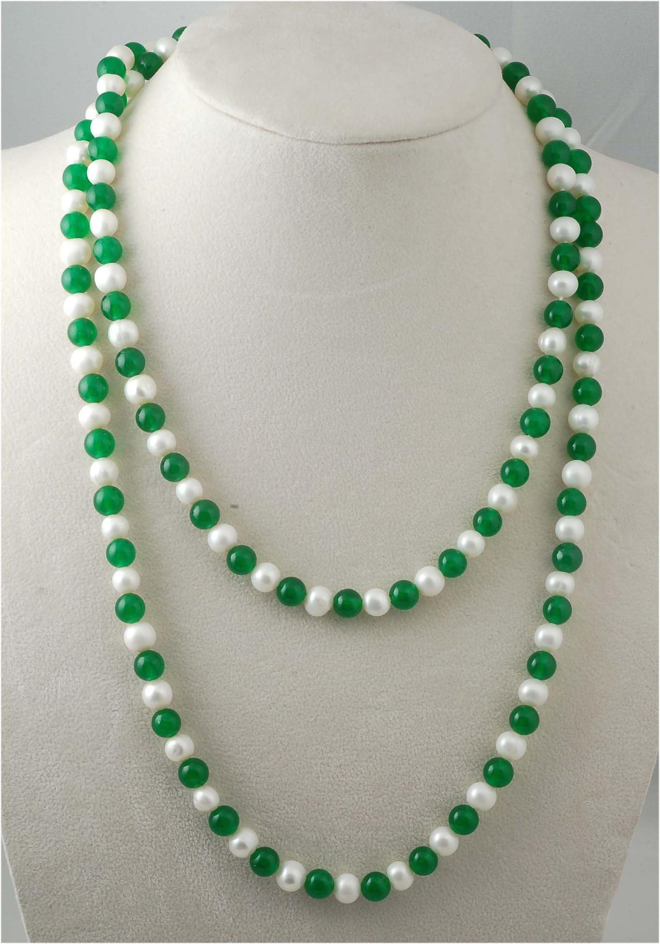 Freshwater Pearl And Green Jade  Round 8Mm Necklace 45Inch  Wholesale Nature Beads Fppj Gemstone