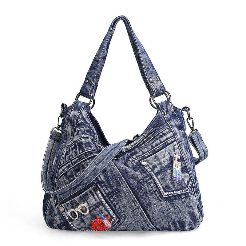 Ipinee Trendy Women'S Denim Bag Blue Jean Purses Vintage Handbags With Shine Sequins Glasses Decoration And Lip Embroidery
