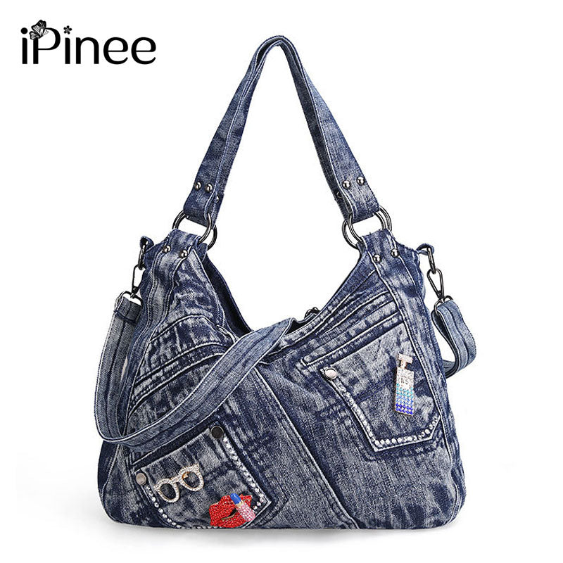 Ipinee Trendy Women'S Denim Bag Blue Jean Purses Vintage Handbags With Shine Sequins Glasses Decoration And Lip Embroidery