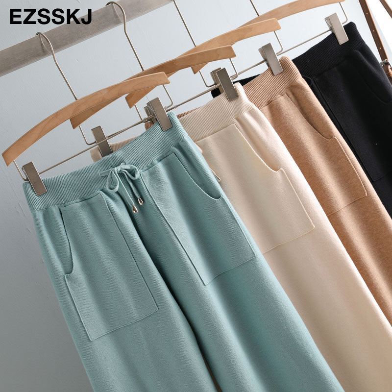 Loose Women Elastic Waist Drawstring Trousers Thick Knitted Harem Pants Autumn Winter Sport Pants Sweater Knitted Carrot Pants