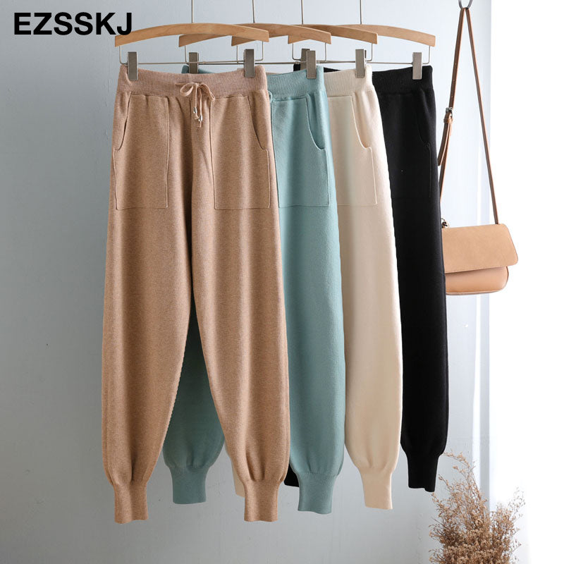 Loose Women Elastic Waist Drawstring Trousers Thick Knitted Harem Pants Autumn Winter Sport Pants Sweater Knitted Carrot Pants