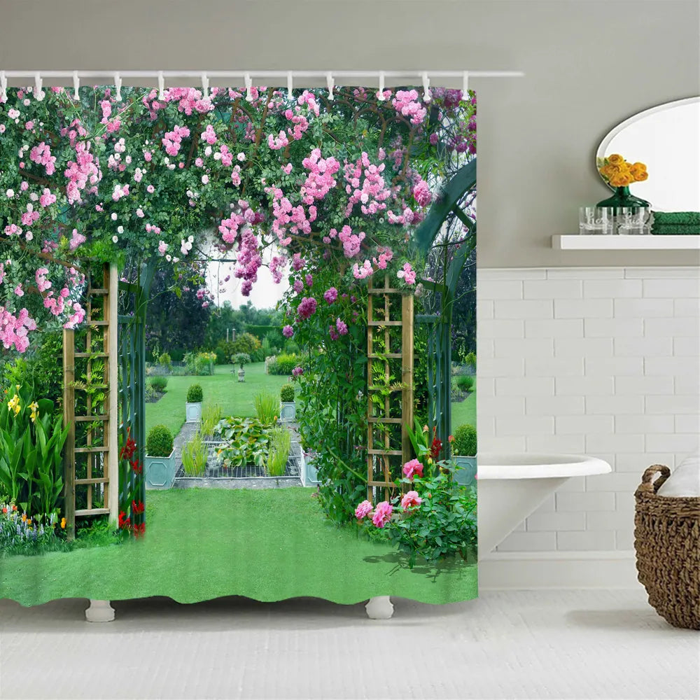 Rural Pastoral Flower Scenery Shower Curtains Bathroom Shower Curtain 3D Fabric Bath Curtain With Hooks Waterproof Bath Screen